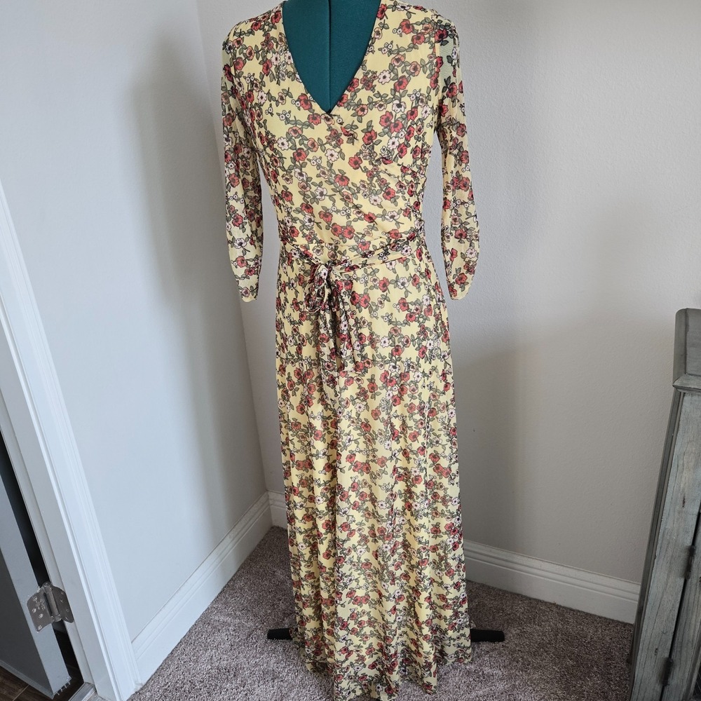Allison Brittney Maxi Dress Womens Size M Yellow Sheer Floral Chiffon Belted